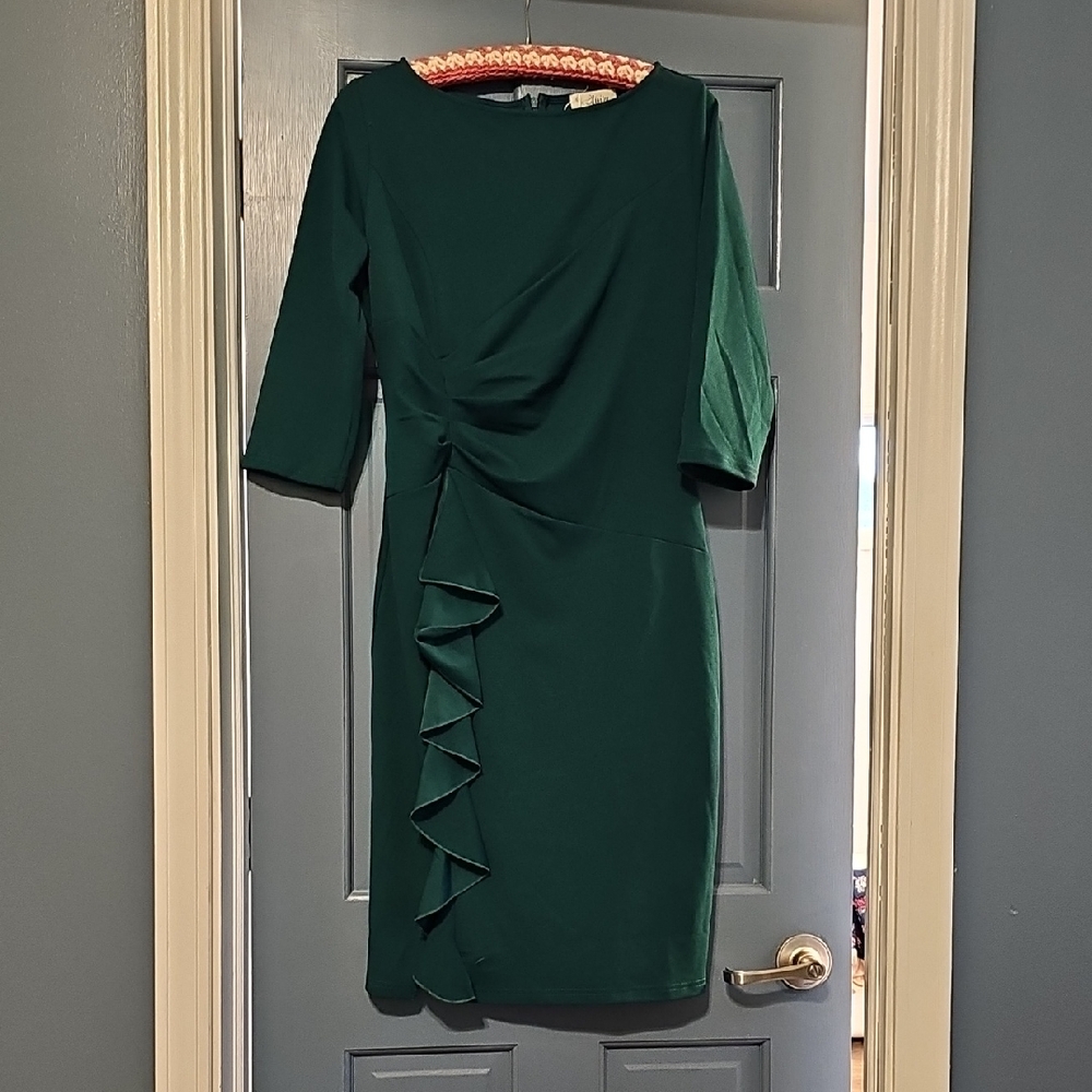 VINTAGE Aisize Dark Green Dress Ruffle Women Large 3/4 Sleeve Mid Classy 80s